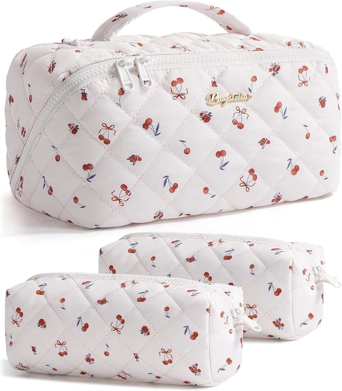 Travel Makeup Bag, 3 Pcs Large Capacity Puffy Toiletry Bag for Women, Open Flat Quilted Make up Cosmetic Organizer w/Handle & Clear Divider Water-resistant Portable Pouch Travel Essentials, L-Oatmeal