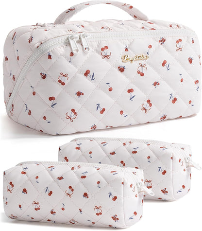 Travel Makeup Bag, 3 Pcs Large Capacity Puffy Toiletry Bag for Women, Open Flat Quilted Make up Cosmetic Organizer w/Handle & Clear Divider Water-resistant Portable Pouch Travel Essentials, L-Oatmeal