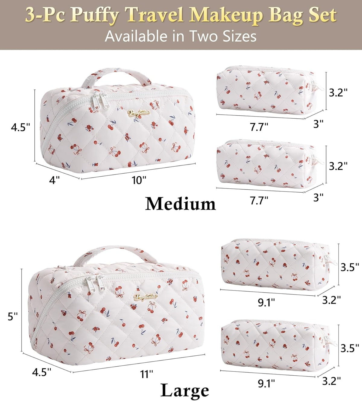 Travel Makeup Bag, 3 Pcs Large Capacity Puffy Toiletry Bag for Women, Open Flat Quilted Make up Cosmetic Organizer w/Handle & Clear Divider Water-resistant Portable Pouch Travel Essentials, L-Oatmeal