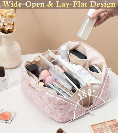 Travel Makeup Bag, 3 Pcs Large Capacity Puffy Toiletry Bag for Women, Open Flat Quilted Make up Cosmetic Organizer w/Handle & Clear Divider Water-resistant Portable Pouch Travel Essentials, L-Oatmeal