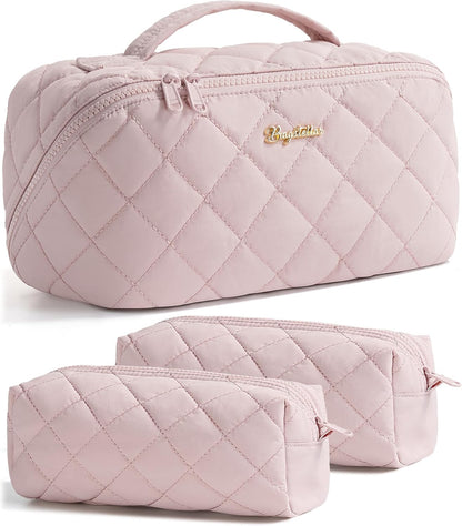 Travel Makeup Bag, 3 Pcs Large Capacity Puffy Toiletry Bag for Women, Open Flat Quilted Make up Cosmetic Organizer w/Handle & Clear Divider Water-resistant Portable Pouch Travel Essentials, L-Oatmeal
