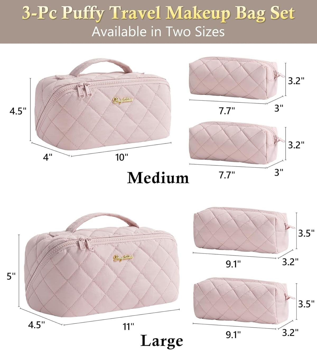 Travel Makeup Bag, 3 Pcs Large Capacity Puffy Toiletry Bag for Women, Open Flat Quilted Make up Cosmetic Organizer w/Handle & Clear Divider Water-resistant Portable Pouch Travel Essentials, L-Oatmeal