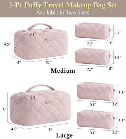 Travel Makeup Bag, 3 Pcs Large Capacity Puffy Toiletry Bag for Women, Open Flat Quilted Make up Cosmetic Organizer w/Handle & Clear Divider Water-resistant Portable Pouch Travel Essentials, L-Oatmeal