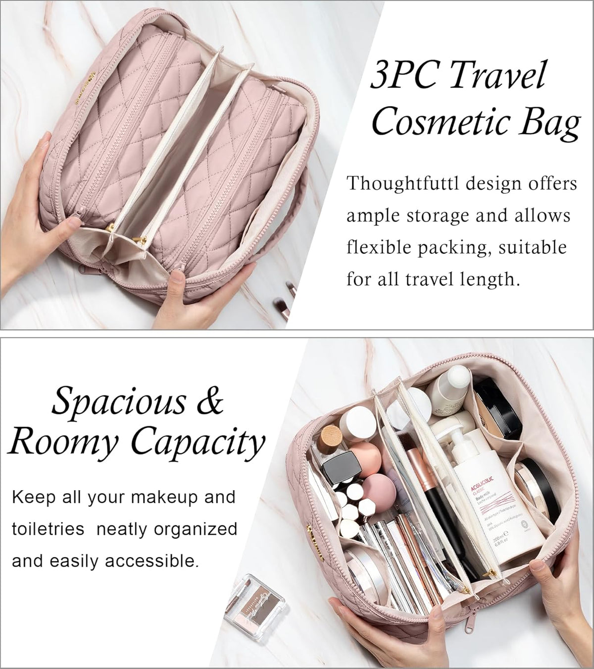Travel Makeup Bag, 3 Pcs Large Capacity Puffy Toiletry Bag for Women, Open Flat Quilted Make up Cosmetic Organizer w/Handle & Clear Divider Water-resistant Portable Pouch Travel Essentials, L-Oatmeal