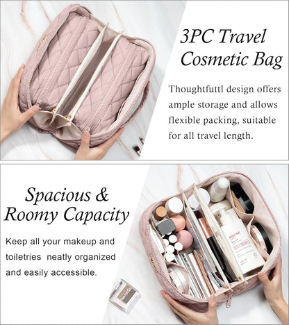 Travel Makeup Bag, 3 Pcs Large Capacity Puffy Toiletry Bag for Women, Open Flat Quilted Make up Cosmetic Organizer w/Handle & Clear Divider Water-resistant Portable Pouch Travel Essentials, L-Oatmeal