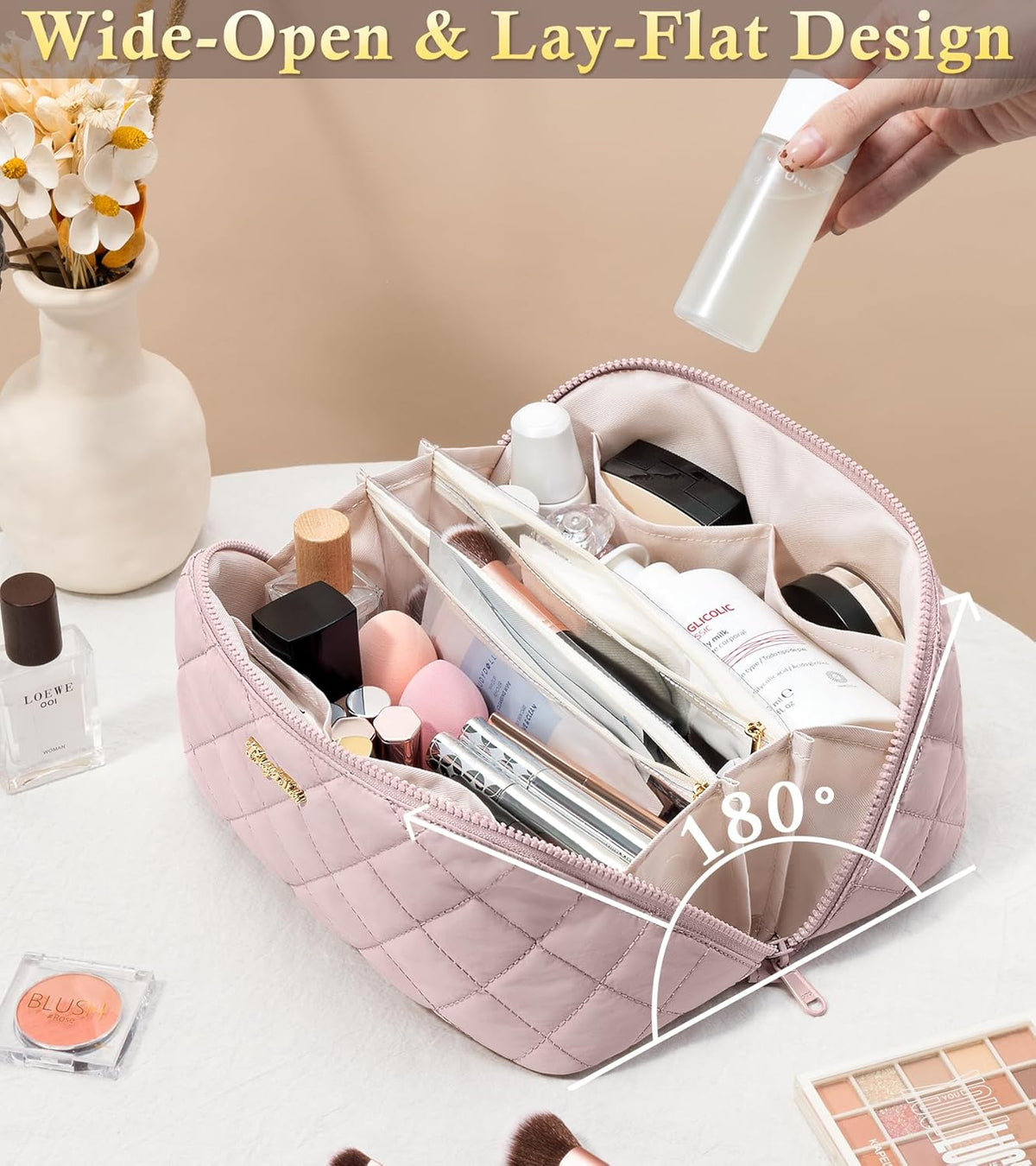Travel Makeup Bag, 3 Pcs Large Capacity Puffy Toiletry Bag for Women, Open Flat Quilted Make up Cosmetic Organizer w/Handle & Clear Divider Water-resistant Portable Pouch Travel Essentials, L-Oatmeal