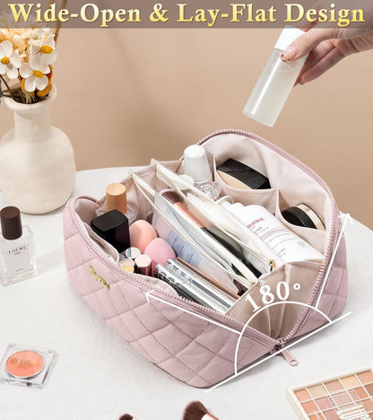 Travel Makeup Bag, 3 Pcs Large Capacity Puffy Toiletry Bag for Women, Open Flat Quilted Make up Cosmetic Organizer w/Handle & Clear Divider Water-resistant Portable Pouch Travel Essentials, L-Oatmeal