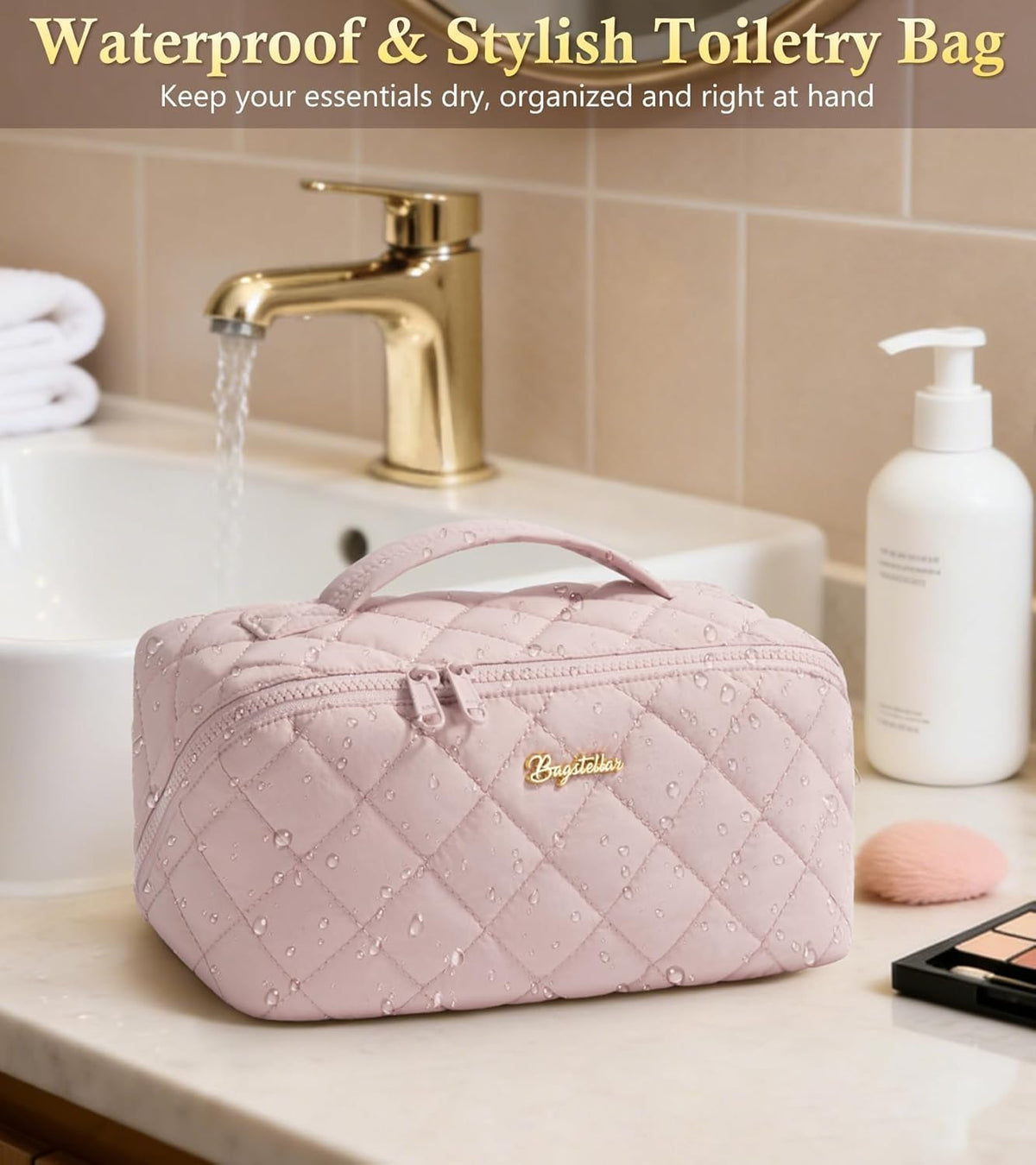 Travel Makeup Bag, 3 Pcs Large Capacity Puffy Toiletry Bag for Women, Open Flat Quilted Make up Cosmetic Organizer w/Handle & Clear Divider Water-resistant Portable Pouch Travel Essentials, L-Oatmeal