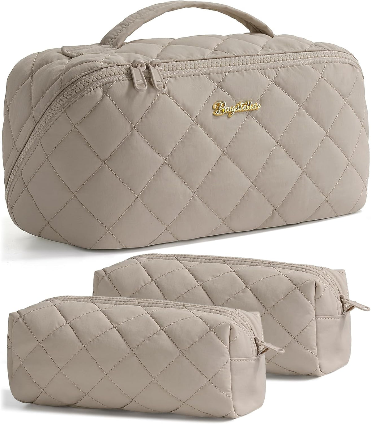Travel Makeup Bag, 3 Pcs Large Capacity Puffy Toiletry Bag for Women, Open Flat Quilted Make up Cosmetic Organizer w/Handle & Clear Divider Water-resistant Portable Pouch Travel Essentials, L-Oatmeal