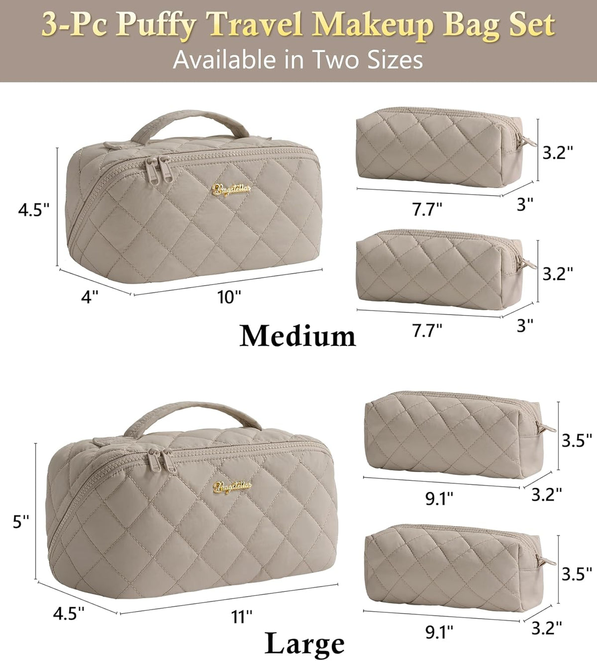 Travel Makeup Bag, 3 Pcs Large Capacity Puffy Toiletry Bag for Women, Open Flat Quilted Make up Cosmetic Organizer w/Handle & Clear Divider Water-resistant Portable Pouch Travel Essentials, L-Oatmeal