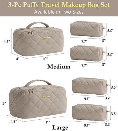 Travel Makeup Bag, 3 Pcs Large Capacity Puffy Toiletry Bag for Women, Open Flat Quilted Make up Cosmetic Organizer w/Handle & Clear Divider Water-resistant Portable Pouch Travel Essentials, L-Oatmeal