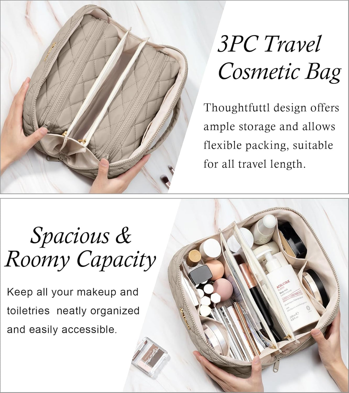 Travel Makeup Bag, 3 Pcs Large Capacity Puffy Toiletry Bag for Women, Open Flat Quilted Make up Cosmetic Organizer w/Handle & Clear Divider Water-resistant Portable Pouch Travel Essentials, L-Oatmeal