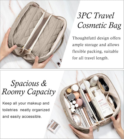 Travel Makeup Bag, 3 Pcs Large Capacity Puffy Toiletry Bag for Women, Open Flat Quilted Make up Cosmetic Organizer w/Handle & Clear Divider Water-resistant Portable Pouch Travel Essentials, L-Oatmeal