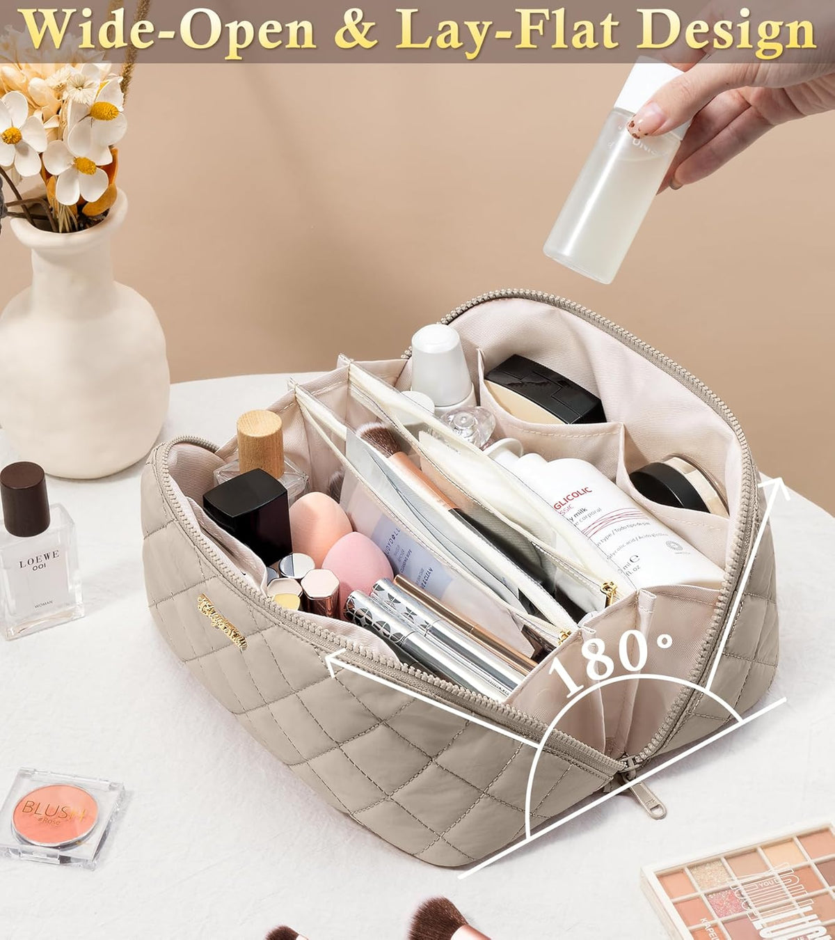 Travel Makeup Bag, 3 Pcs Large Capacity Puffy Toiletry Bag for Women, Open Flat Quilted Make up Cosmetic Organizer w/Handle & Clear Divider Water-resistant Portable Pouch Travel Essentials, L-Oatmeal