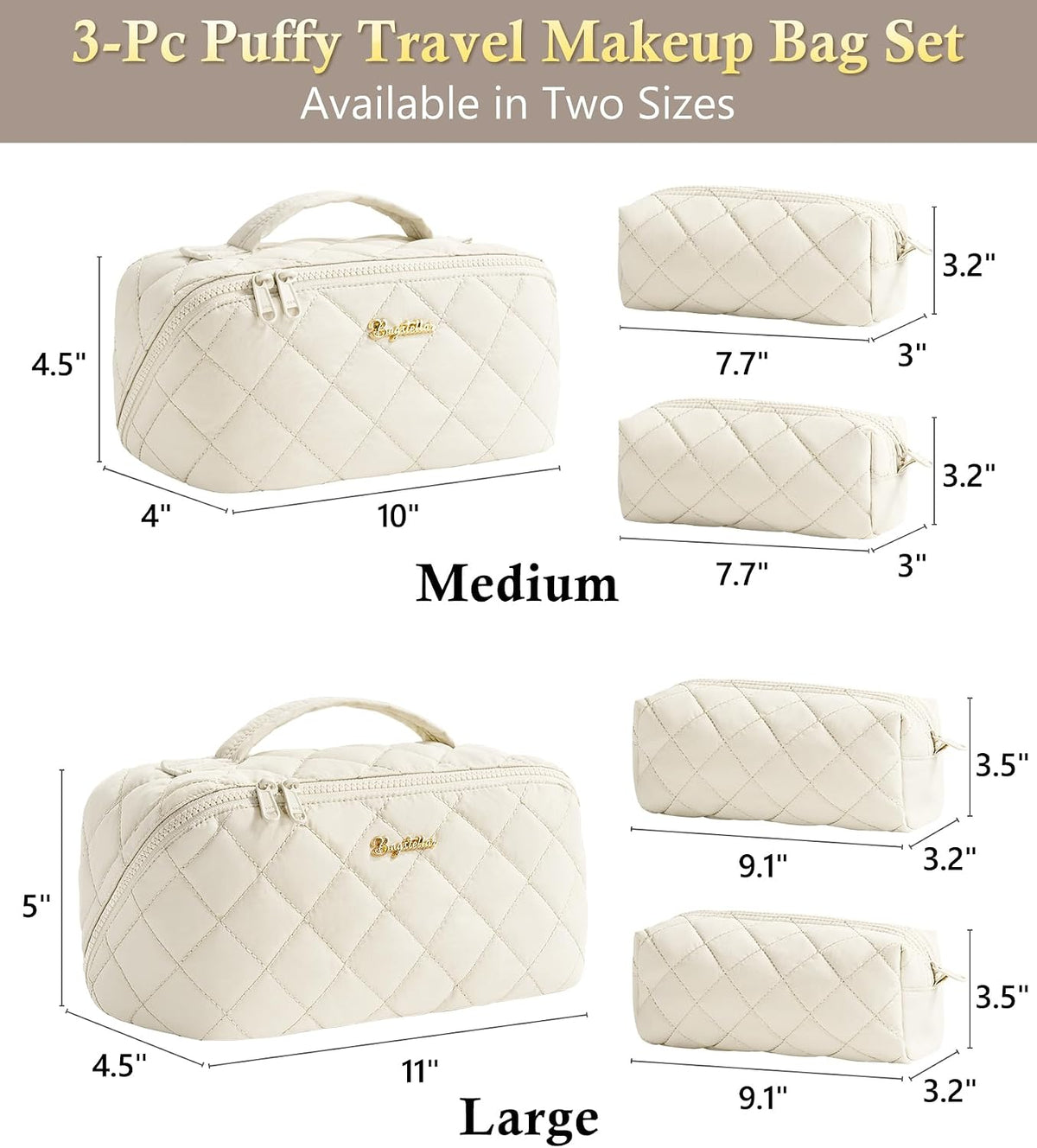 Travel Makeup Bag, 3 Pcs Large Capacity Puffy Toiletry Bag for Women, Open Flat Quilted Make up Cosmetic Organizer w/Handle & Clear Divider Water-resistant Portable Pouch Travel Essentials, L-Oatmeal