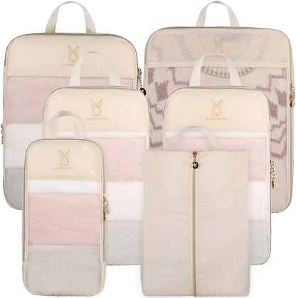 See Through Expandable Compression Packing Cubes, Mesh Travel Packing Cubes for Suitcases, Lightweight Organizers Bag Set for Travel Essentials for Luggage