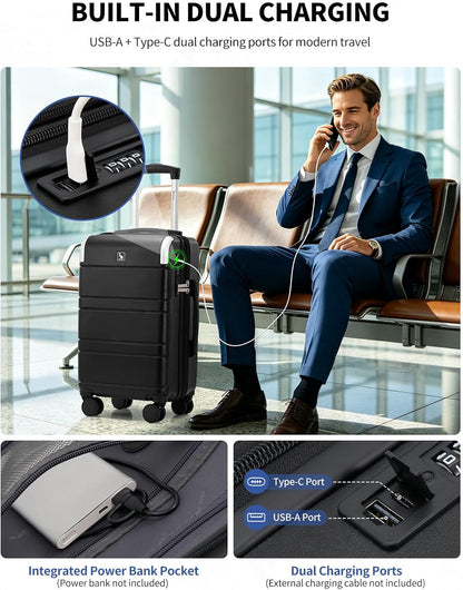 Expandable Carry On Luggage with USB Charging Port, Airline Approved PC Carry-On Suitcase with Spinner Wheels for Business trip, Hard Shell Suitcase for Travel