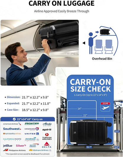 Expandable Carry On Luggage with USB Charging Port, Airline Approved PC Carry-On Suitcase with Spinner Wheels for Business trip, Hard Shell Suitcase for Travel