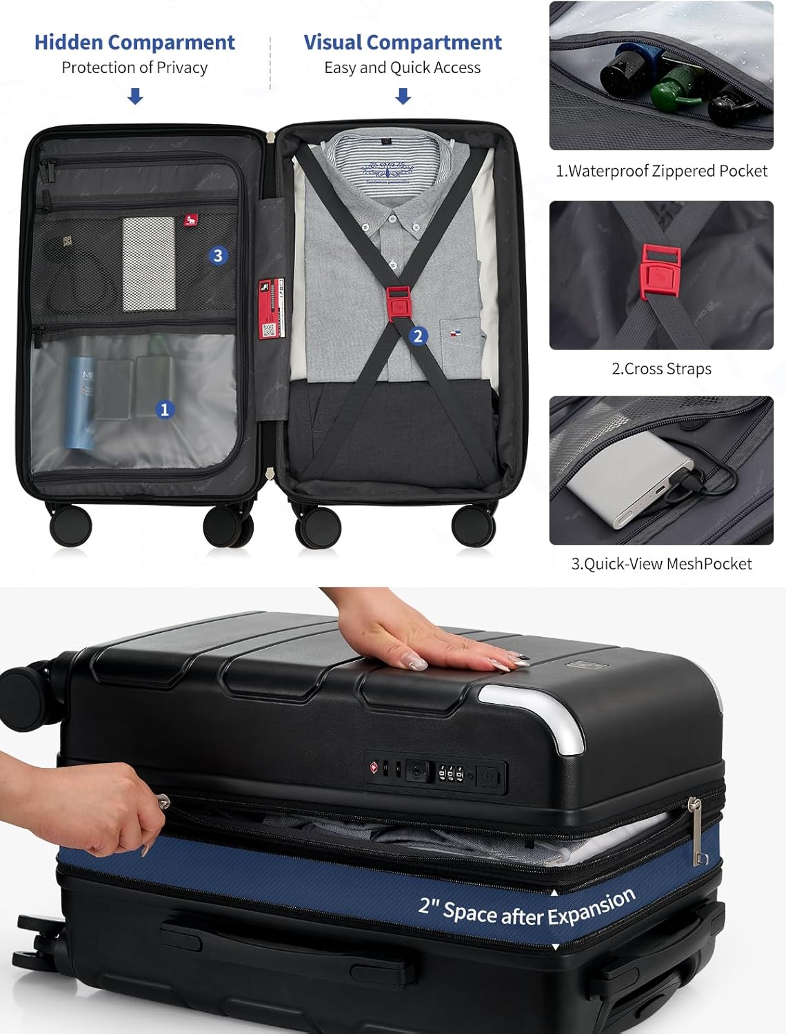 Expandable Carry On Luggage with USB Charging Port, Airline Approved PC Carry-On Suitcase with Spinner Wheels for Business trip, Hard Shell Suitcase for Travel