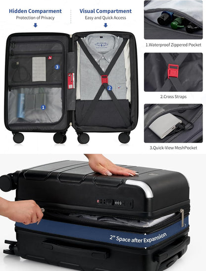 Expandable Carry On Luggage with USB Charging Port, Airline Approved PC Carry-On Suitcase with Spinner Wheels for Business trip, Hard Shell Suitcase for Travel