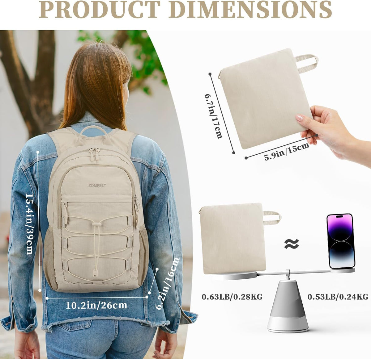 Hiking Backpack for Women Men, 15L Lightweight Packable Backpack | Water Resistant Small Travel Backpack, Lightweight Backpack, Foldable Daypack for Hiking, Walking, Cycling, Camping, Beige
