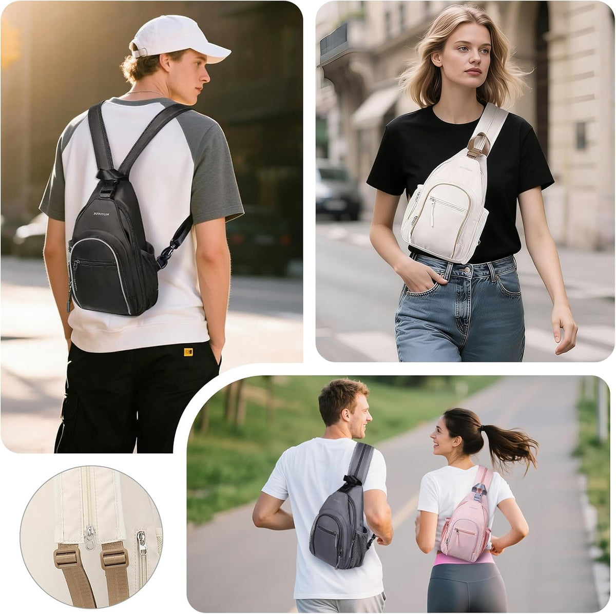 Crossbody Sling Bag with Water Bottle Holder, 8.3" Convertible Small Backpack Anti Theft Daypack, Chest Fanny Pack for Men Women, Beige