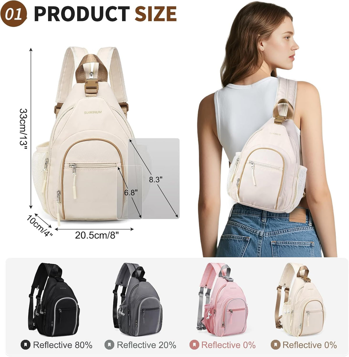 Crossbody Sling Bag with Water Bottle Holder, 8.3" Convertible Small Backpack Anti Theft Daypack, Chest Fanny Pack for Men Women, Beige