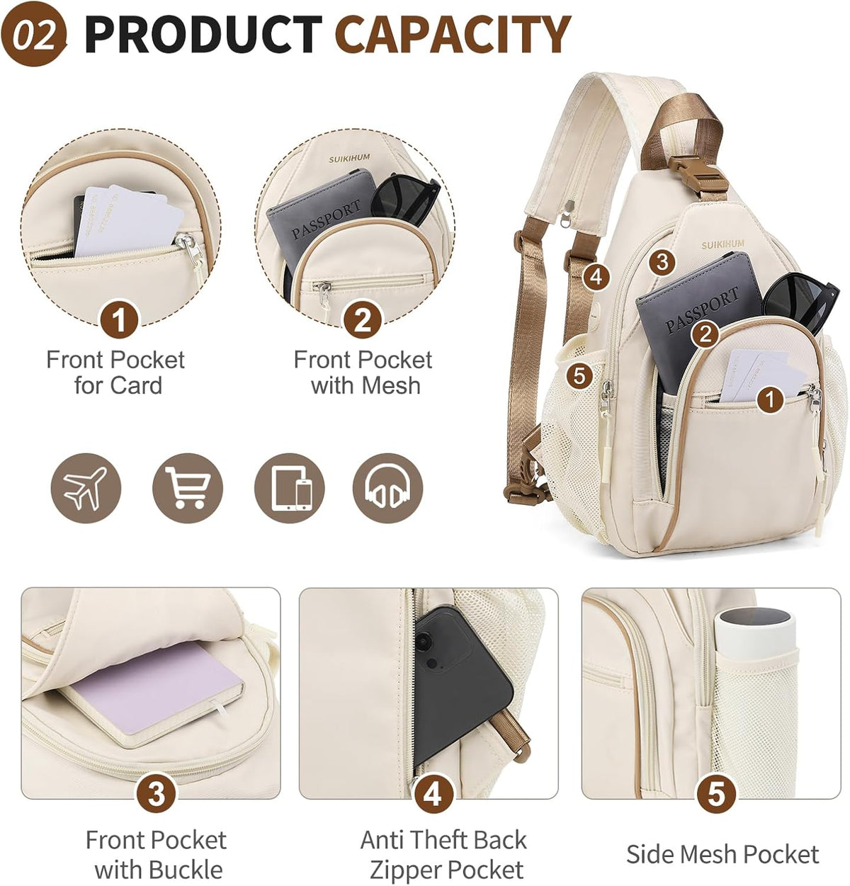 Crossbody Sling Bag with Water Bottle Holder, 8.3" Convertible Small Backpack Anti Theft Daypack, Chest Fanny Pack for Men Women, Beige