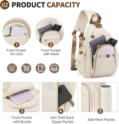 Crossbody Sling Bag with Water Bottle Holder, 8.3" Convertible Small Backpack Anti Theft Daypack, Chest Fanny Pack for Men Women, Beige