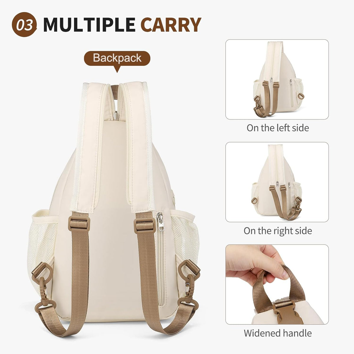 Crossbody Sling Bag with Water Bottle Holder, 8.3" Convertible Small Backpack Anti Theft Daypack, Chest Fanny Pack for Men Women, Beige