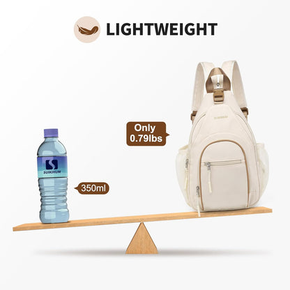 Crossbody Sling Bag with Water Bottle Holder, 8.3" Convertible Small Backpack Anti Theft Daypack, Chest Fanny Pack for Men Women, Beige