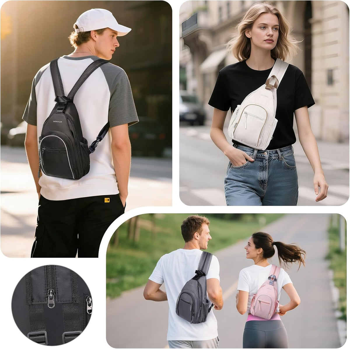 Crossbody Sling Bag with Water Bottle Holder, 8.3" Convertible Small Backpack Anti Theft Daypack, Chest Fanny Pack for Men Women, Beige