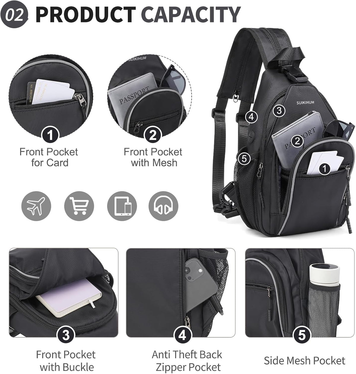 Crossbody Sling Bag with Water Bottle Holder, 8.3" Convertible Small Backpack Anti Theft Daypack, Chest Fanny Pack for Men Women, Beige