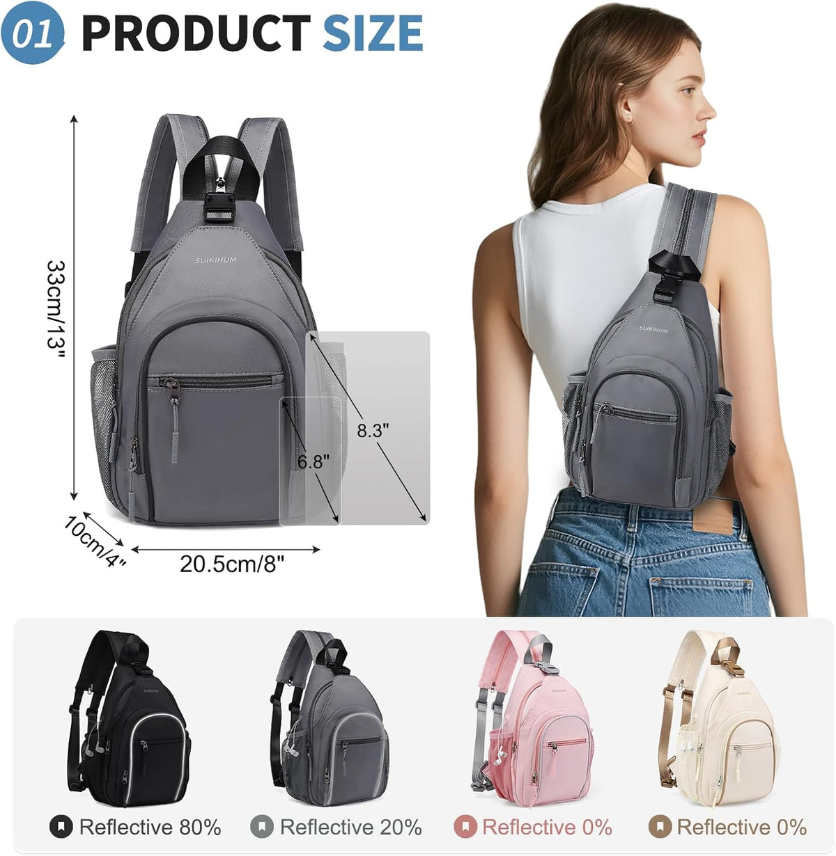Crossbody Sling Bag with Water Bottle Holder, 8.3" Convertible Small Backpack Anti Theft Daypack, Chest Fanny Pack for Men Women, Beige