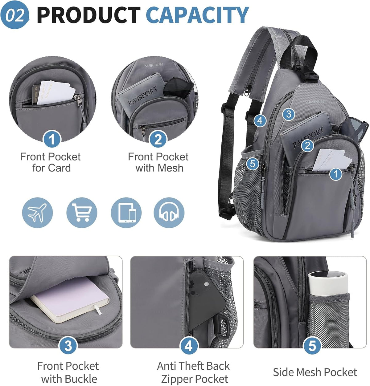 Crossbody Sling Bag with Water Bottle Holder, 8.3" Convertible Small Backpack Anti Theft Daypack, Chest Fanny Pack for Men Women, Beige