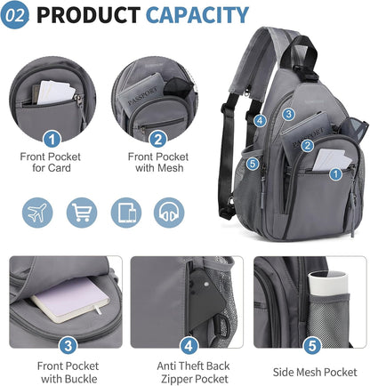 Crossbody Sling Bag with Water Bottle Holder, 8.3" Convertible Small Backpack Anti Theft Daypack, Chest Fanny Pack for Men Women, Beige