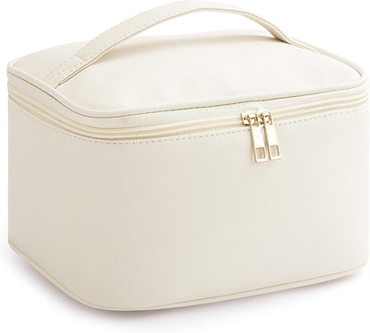 Travel Makeup Bag Portable Cute Leather Cosmetic Bag Large Make Up Bag Makeup Case Organizer Toiletry Bag for Women Girls with Handle and Removable Divider (Beige)