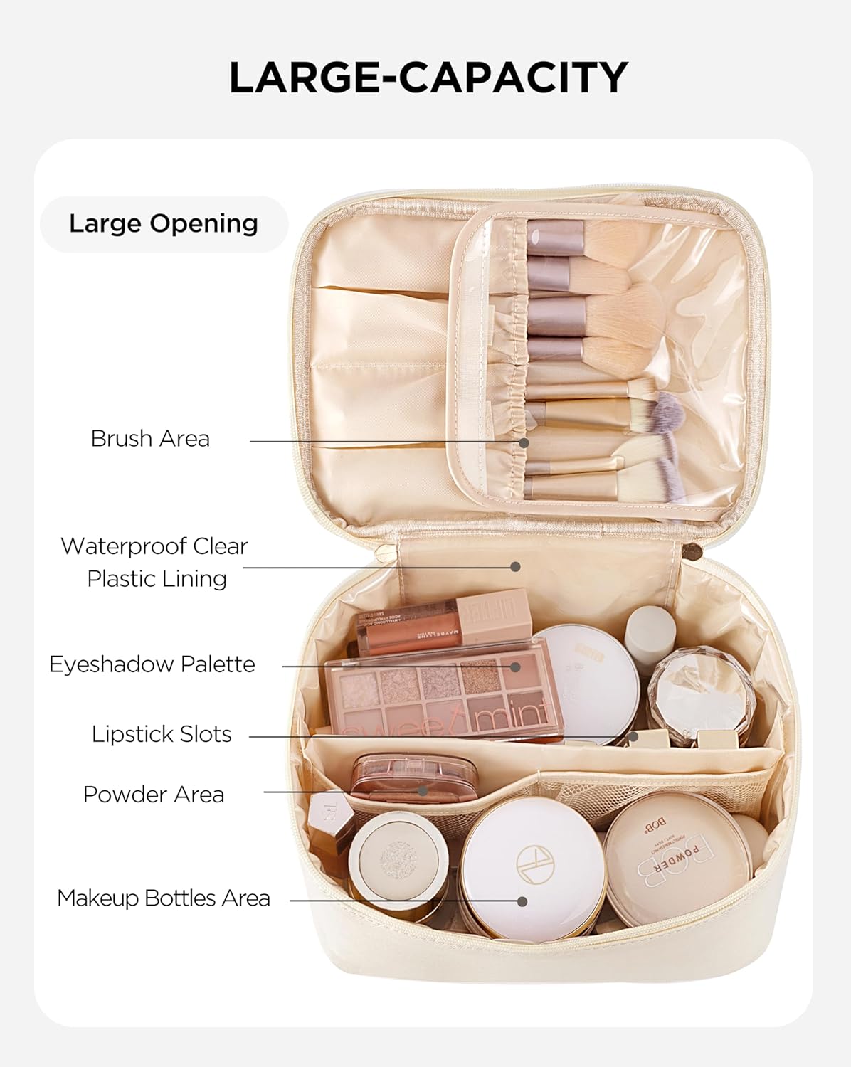 Travel Makeup Bag Portable Cute Leather Cosmetic Bag Large Make Up Bag Makeup Case Organizer Toiletry Bag for Women Girls with Handle and Removable Divider (Beige)