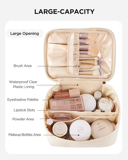 Travel Makeup Bag Portable Cute Leather Cosmetic Bag Large Make Up Bag Makeup Case Organizer Toiletry Bag for Women Girls with Handle and Removable Divider (Beige)