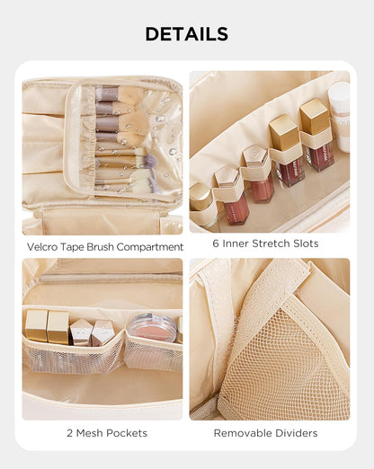 Travel Makeup Bag Portable Cute Leather Cosmetic Bag Large Make Up Bag Makeup Case Organizer Toiletry Bag for Women Girls with Handle and Removable Divider (Beige)