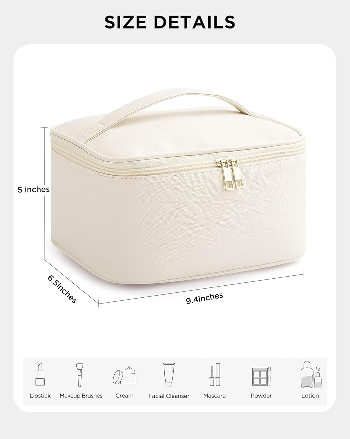 Travel Makeup Bag Portable Cute Leather Cosmetic Bag Large Make Up Bag Makeup Case Organizer Toiletry Bag for Women Girls with Handle and Removable Divider (Beige)