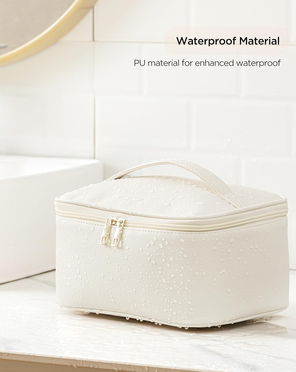 Travel Makeup Bag Portable Cute Leather Cosmetic Bag Large Make Up Bag Makeup Case Organizer Toiletry Bag for Women Girls with Handle and Removable Divider (Beige)