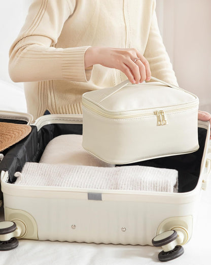 Travel Makeup Bag Portable Cute Leather Cosmetic Bag Large Make Up Bag Makeup Case Organizer Toiletry Bag for Women Girls with Handle and Removable Divider (Beige)