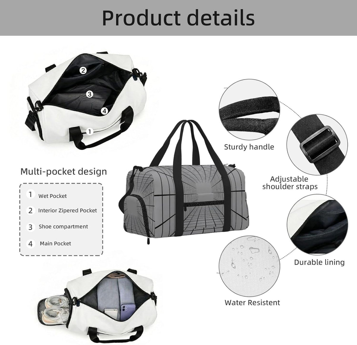 Ribbon pattern Duffel Bag with Shoe Compartment-Sports Gym Weekender for Men Women, Waterproof Travel Tote with Wet Pocket for Dirty Shoes
