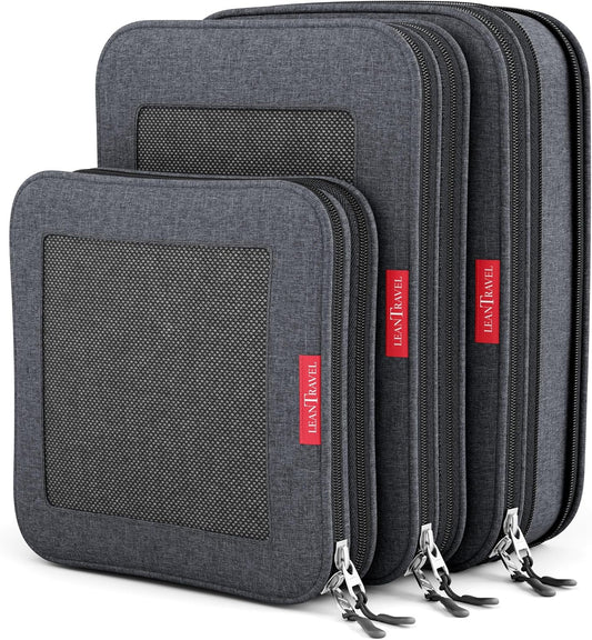 Premium Compression Packing Cubes for Travel - Suitcase Organizer Bags with Double Zipper & Breathable Mesh Panel - Space Saving Carry On Luggage Essentials (Grey)
