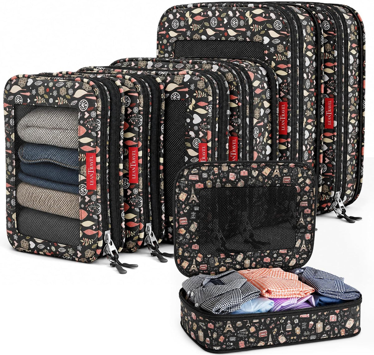 Premium Compression Packing Cubes for Travel - Suitcase Organizer Bags with Double Zipper & Breathable Mesh Panel - Space Saving Carry On Luggage Essentials (Grey)