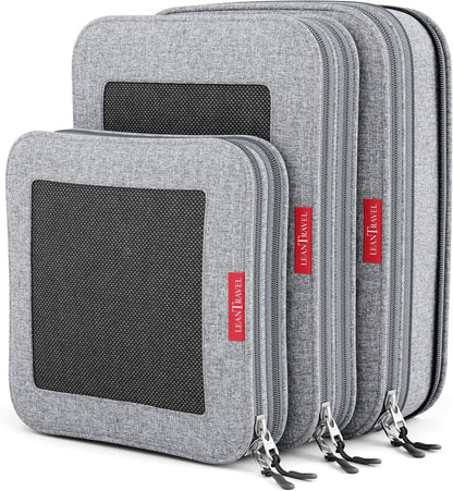 Premium Compression Packing Cubes for Travel - Suitcase Organizer Bags with Double Zipper & Breathable Mesh Panel - Space Saving Carry On Luggage Essentials (Grey)