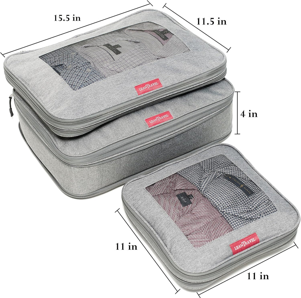 Premium Compression Packing Cubes for Travel - Suitcase Organizer Bags with Double Zipper & Breathable Mesh Panel - Space Saving Carry On Luggage Essentials (Grey)