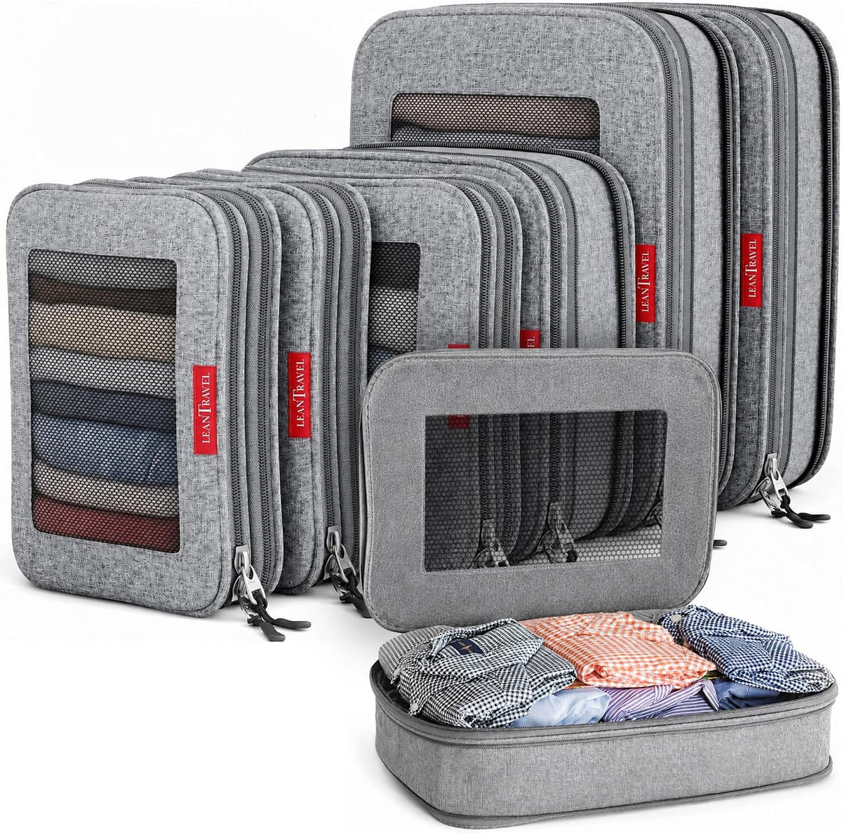 Premium Compression Packing Cubes for Travel - Suitcase Organizer Bags with Double Zipper & Breathable Mesh Panel - Space Saving Carry On Luggage Essentials (Grey)