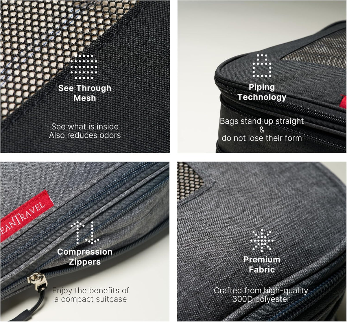 Premium Compression Packing Cubes for Travel - Suitcase Organizer Bags with Double Zipper & Breathable Mesh Panel - Space Saving Carry On Luggage Essentials (Grey)